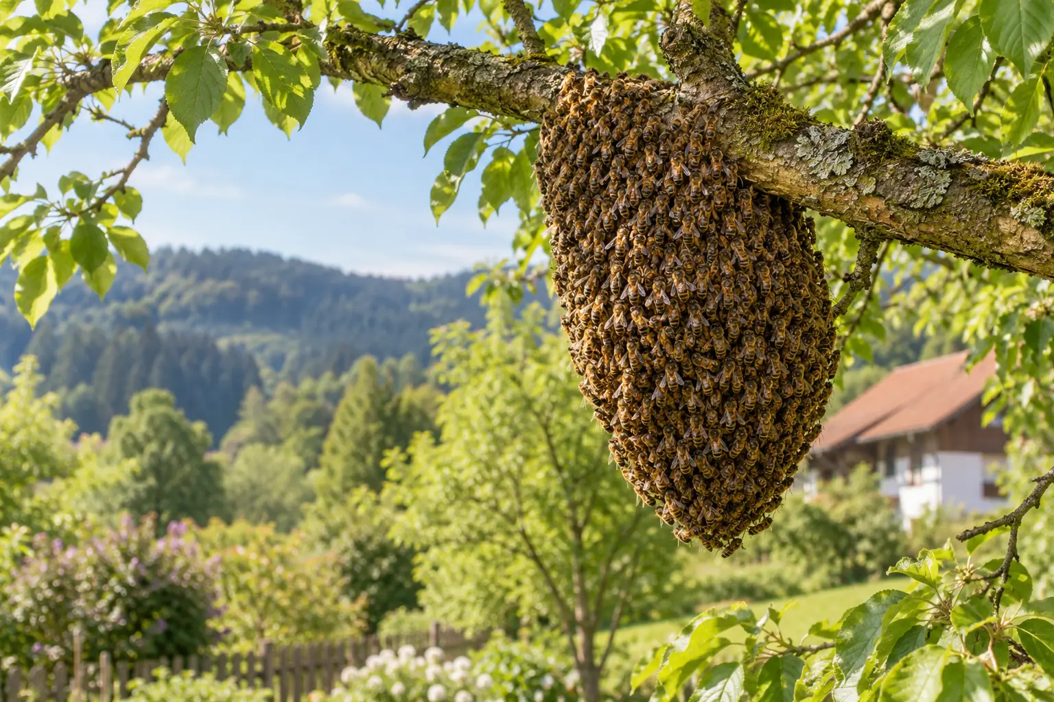 Frei hängender Bienenschwarm an einem Ast
