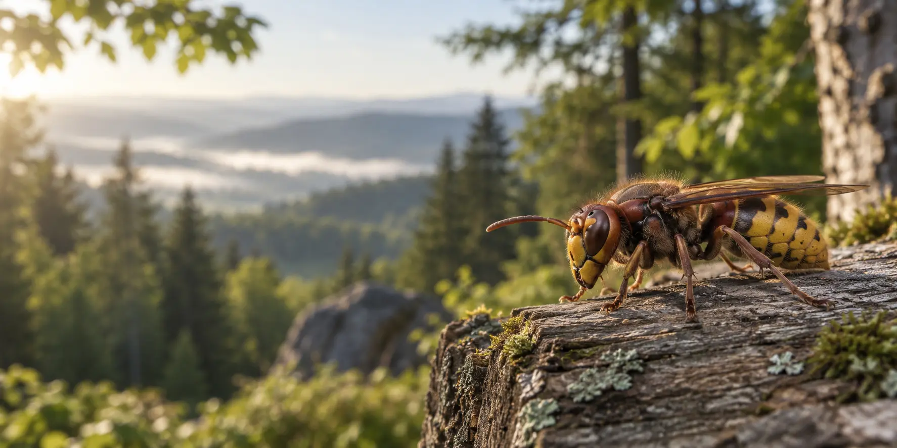 Europäische Hornisse auf einem verwitterten Holzstamm vor einer Waldlandschaft