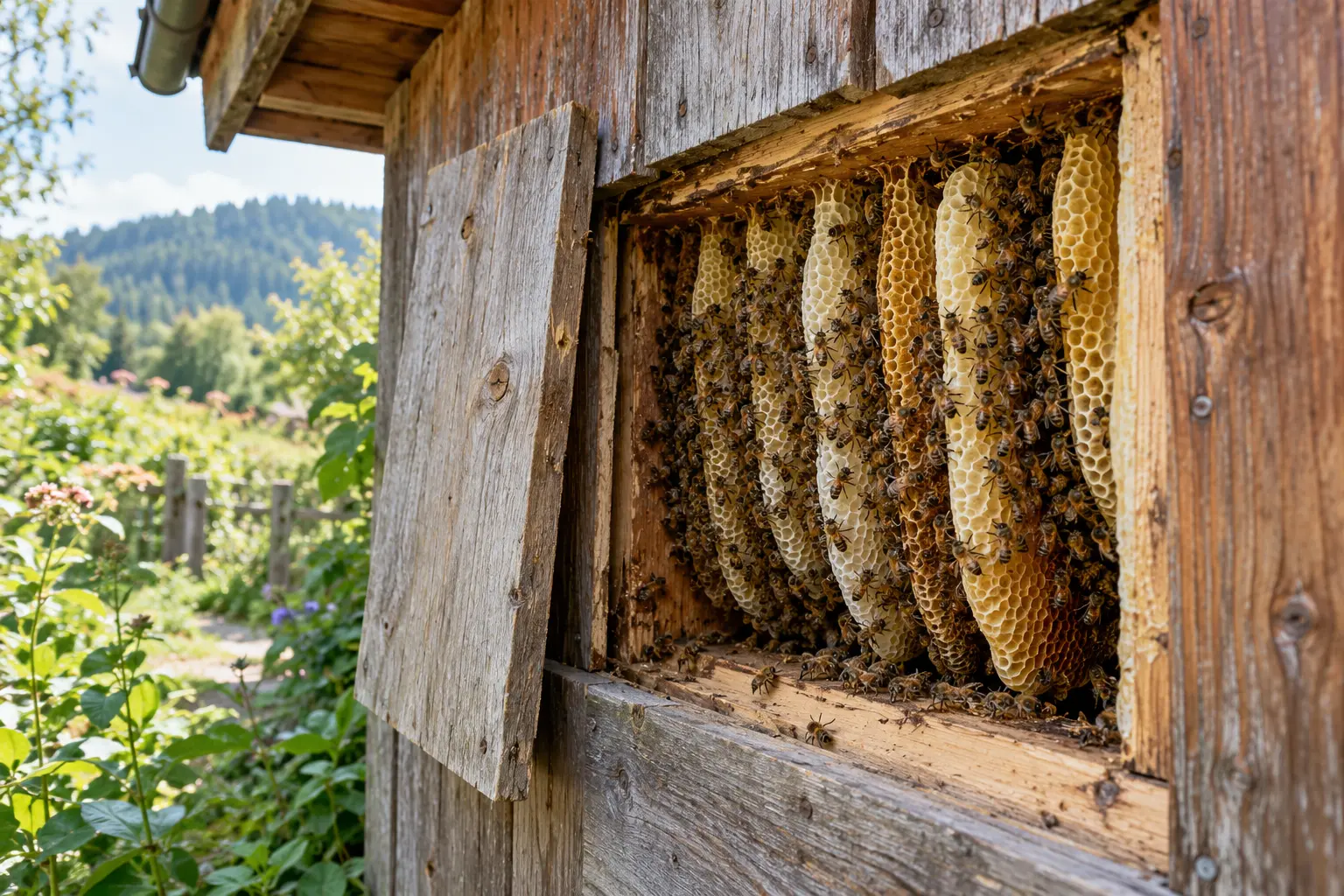 Etabliertes Honigbienenvolk mit Waben in einem zugänglichen Gebäudeteil